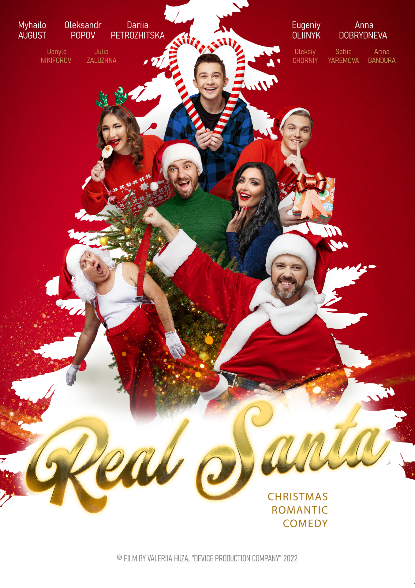 Poster for the film ‘Real Santa’ — a festive ensemble in front of a white Christmas tree