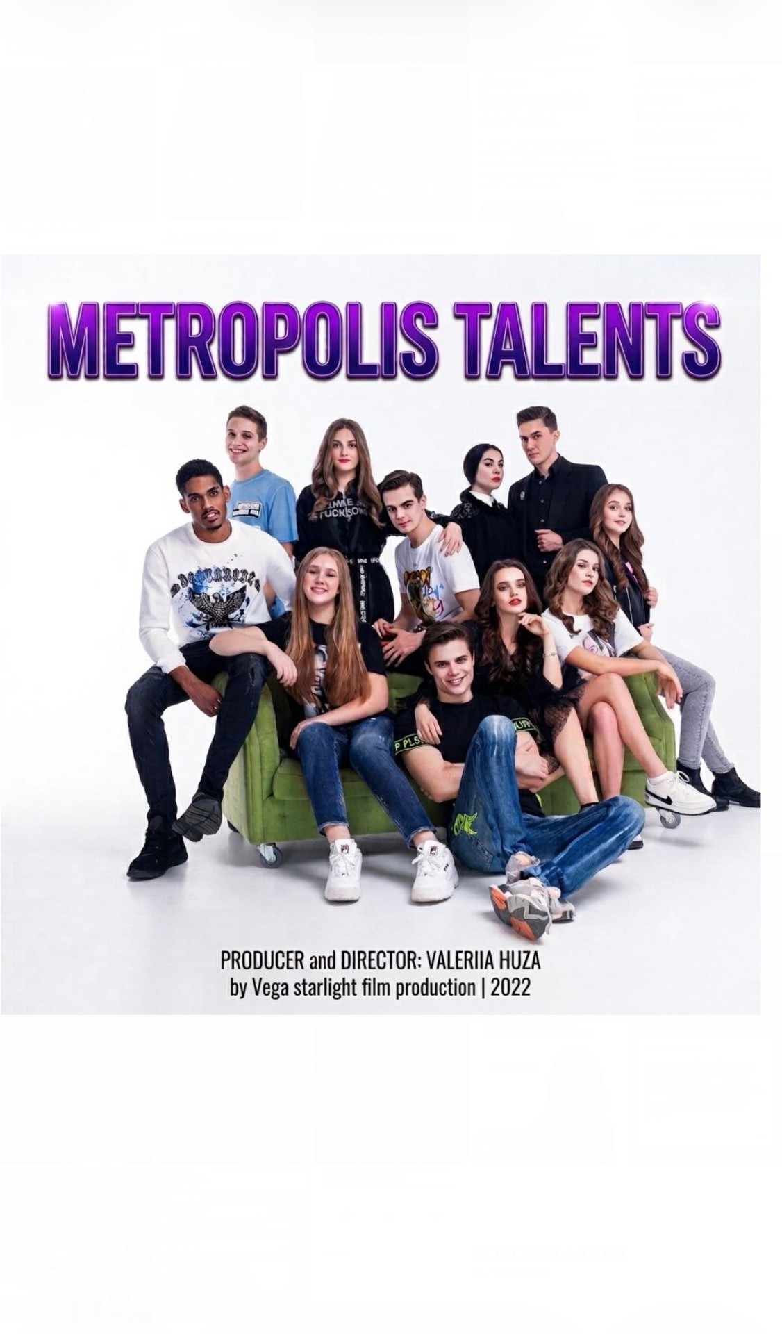 Poster for the youth series ‘Metropolis Talents’ — young actors on a green sofa