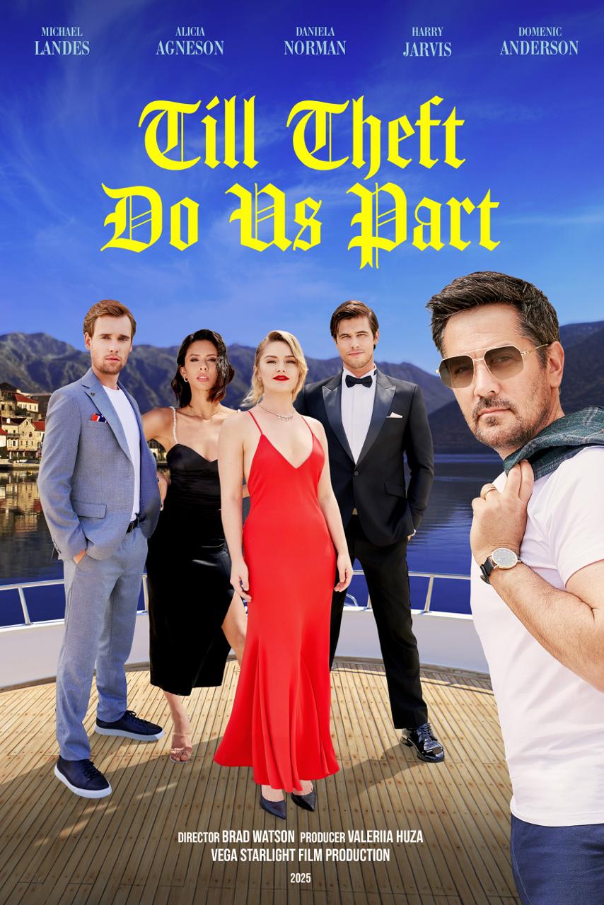 Poster for the film ‘Till Theft Do Us Part’ — an ensemble cast on the deck of a yacht