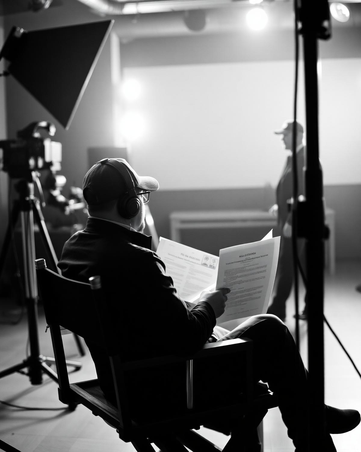 Film director reading a script on set