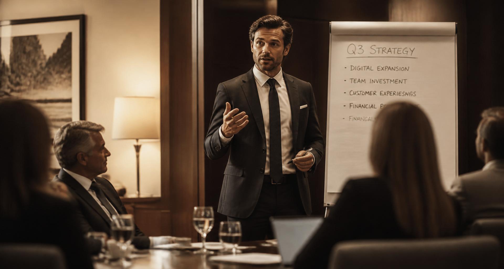 Executive presenting at a boardroom meeting with a flipchart